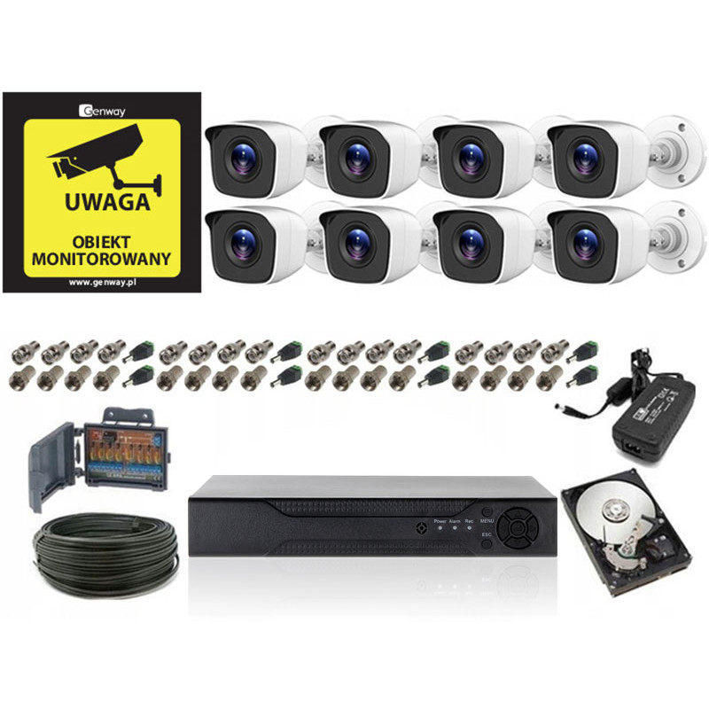 Monitoring 2Mpx 8 kamer tubowych IR20 HDD 1TB Super Jakość