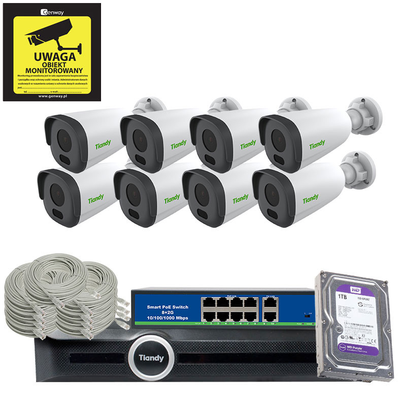Zestaw monitoringu Tiandy 8 kamer Full HD MOTOZOOM Rejestrator Dysk 1TB Switch PoE